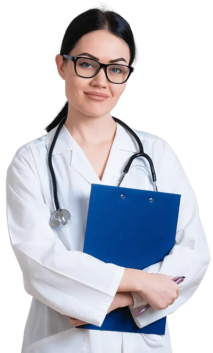 Confident female doctor in white coat with glasses, stethoscope, and blue clipboard, smiling.