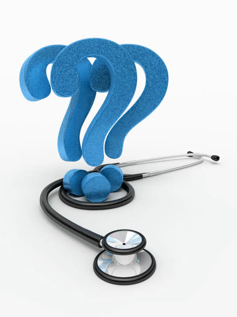 A blue, textured question mark stands over a stethoscope on a white background.