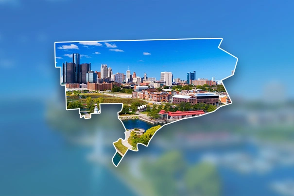 Detroit, MI city map cutout with downtown skyline, representing internal medicine services near Detroit.